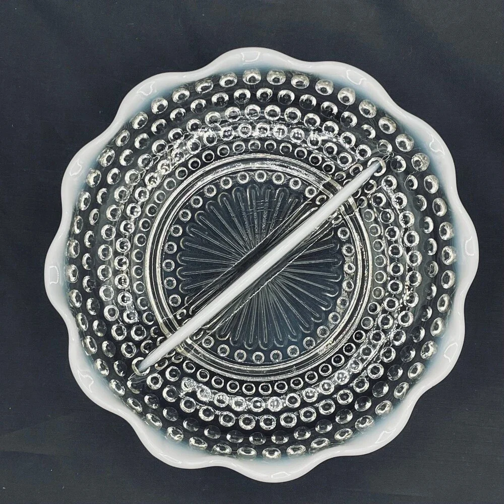 Vintage 2 Section Hobnail Opalescent Moonstone Ruffle Dish Fenton Anchor Hocking